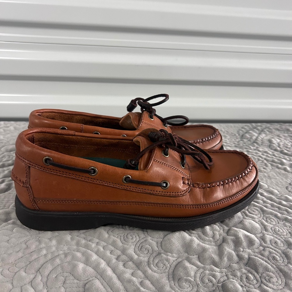 Bass Mens Tan Leather Boat Shoes Classic Moc Toe Nautical Deck Loafers Brown 8.5